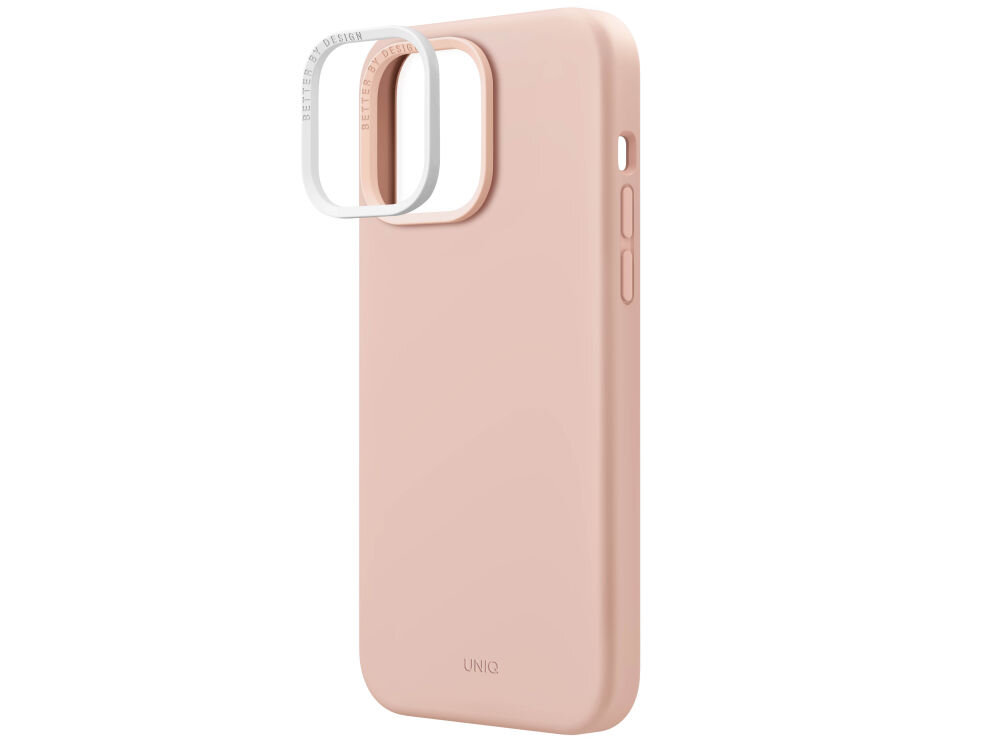 Różowe etui na telefon z napisem \'UNIQ\' na dole, z wycięciem na aparat i przyciskami bocznymi. Obok etui znajduje się przezroczysta ramka z napisem \'BETTER TOGETHER\'.