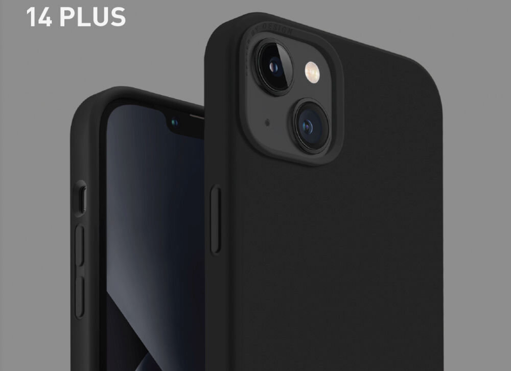 Czarne etui na telefon z widocznymi przyciskami bocznymi i wycięciem na aparat. W lewym górnym rogu widoczny jest napis \'14 PLUS\'.