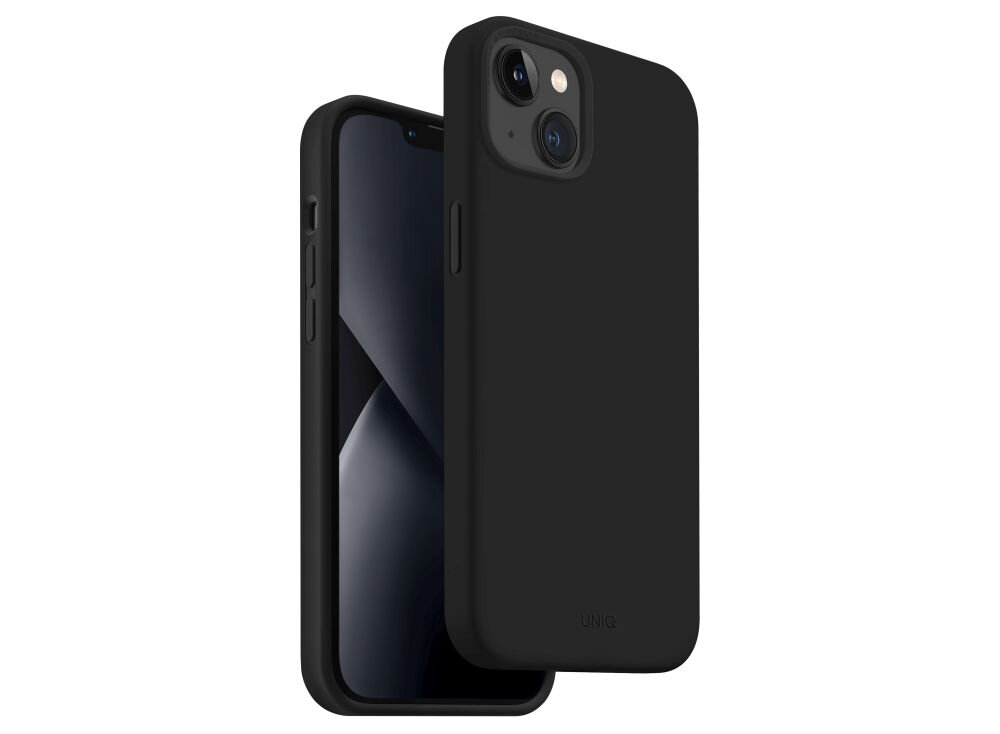 Czarne etui na telefon z widocznymi wycięciami na aparat i przyciski. Na etui znajduje się napis \'UNIQ\'.