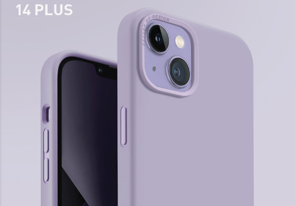 Liliowe etui na telefon z widocznymi przyciskami bocznymi i wycięciem na aparat. Na etui znajduje się napis \'14 PLUS\'.