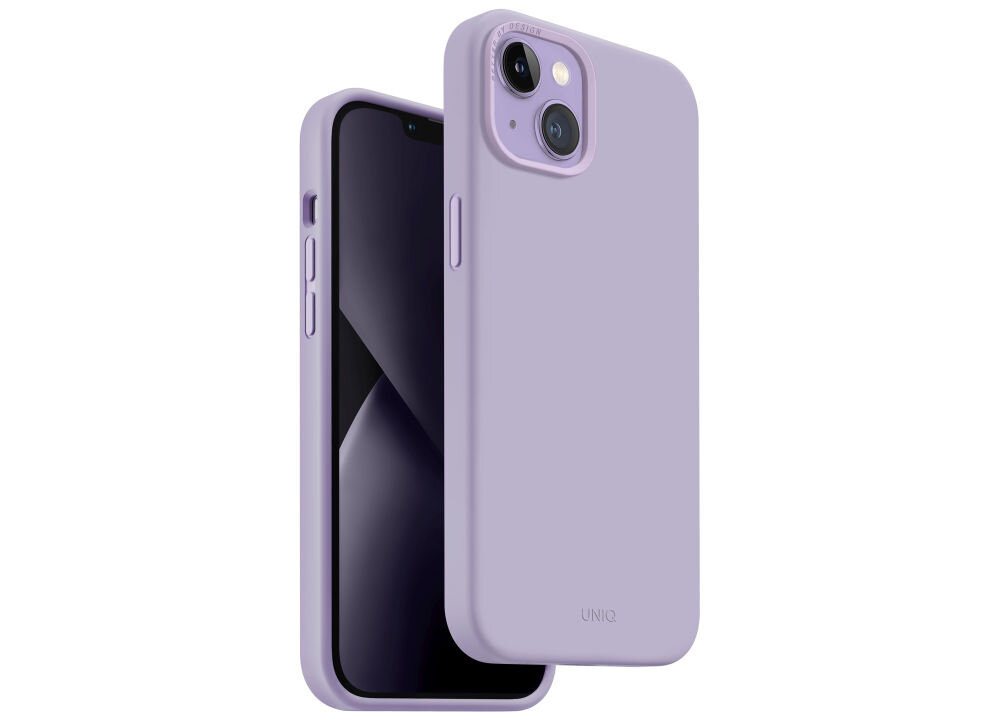 Liliowe etui na telefon z widocznymi przyciskami bocznymi i wycięciem na aparat. Na dole etui znajduje się napis \'UNIQ\'.