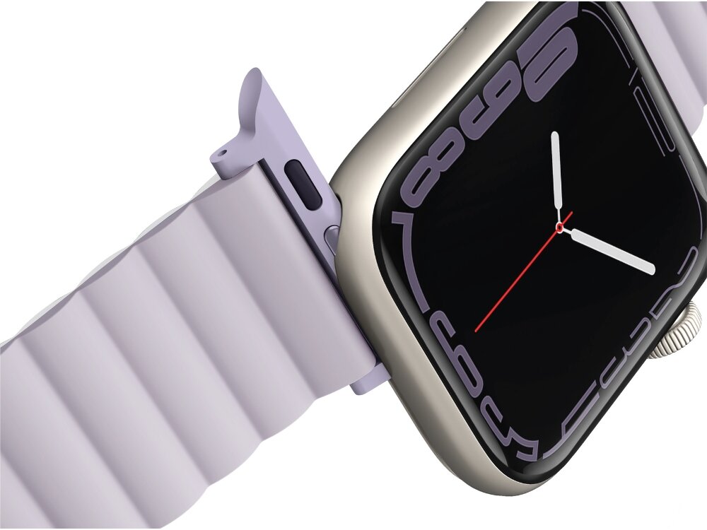 Pasek UNIQ Revix do Apple Watch Series 4/5/6/7/8/SE/SE 2022/Ultra (42/44/45/49 mm) Jasnoliliowy, Wygoda i trwałość, Zbliżenie na odpinany pasek wraz z zegrakiem