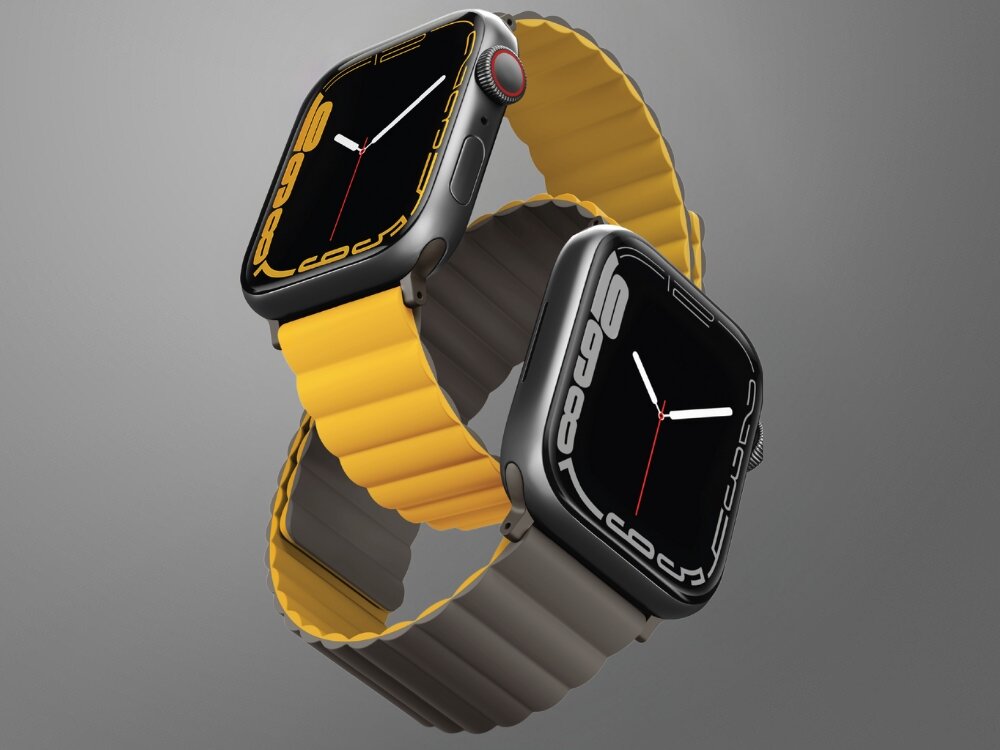 Pasek UNIQ Revix do Apple Watch 2/3/4/5/6/7/8/9/SE/SE 2/Ultra/Ultra 2 (42/44/45/49 mm) Musztardowy-khaki, Zmieniaj styl, jak chcesz, Przeplatane przez paski 2 zegarki