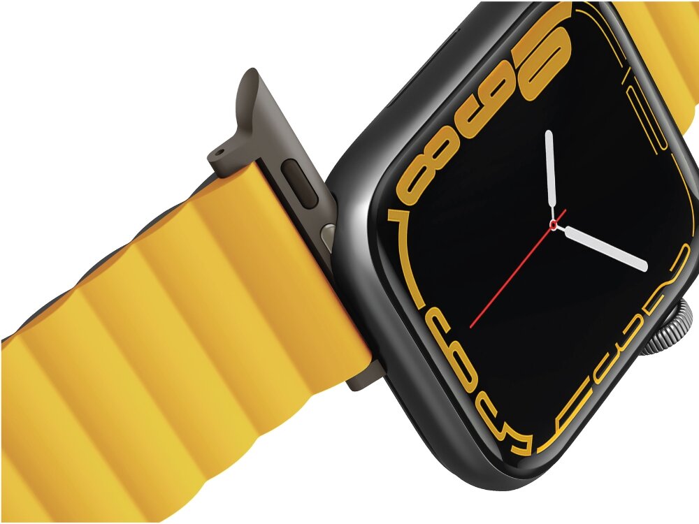 Pasek UNIQ Revix do Apple Watch 2/3/4/5/6/7/8/9/SE/SE 2/Ultra/Ultra 2 (42/44/45/49 mm) Musztardowy-khaki, Wygoda i trwałość, Zbliżenie na odpinany pasek wraz z zegrakiem