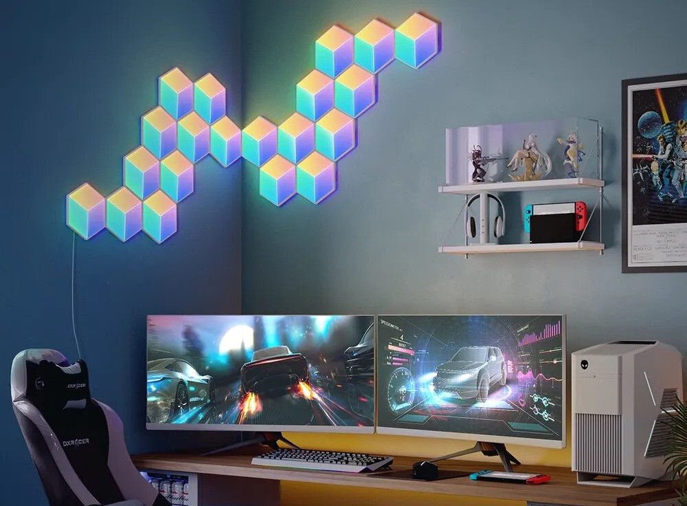 Panel świetlny GOVEE H6066 Glide Hexa Pro Wi-Fi + Bluetooth panele na ścianie nad biurkiem Sześciokątne panele LED z efektem głębi 3D do dekoracji ścian własne projekty gotowe szablony