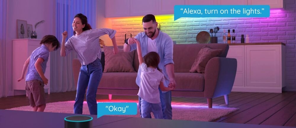 Taśma LED GOVEE H615A 5m Wi-Fi, Alexa, aplikacja, kolory, Wi-Fi, Rodzina steruje kolorowym oświetleniem LED głosem Alexa.
