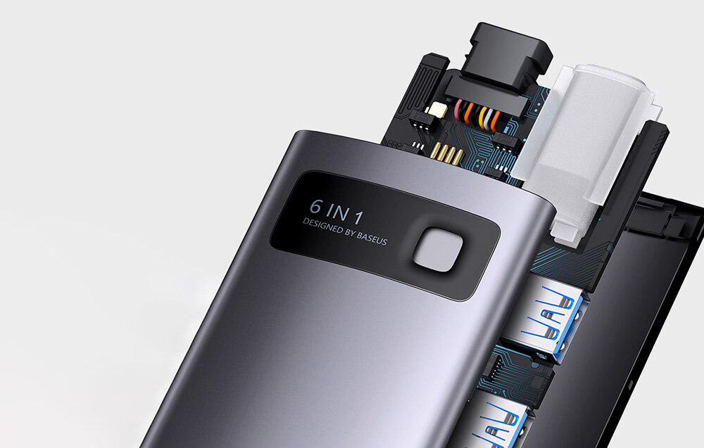 Hub BASEUS Metal Gleam 6w1 wymiary kompakt porty ładowanie prędkość szybkie ładowanie rozdzielczość 4k obraz
