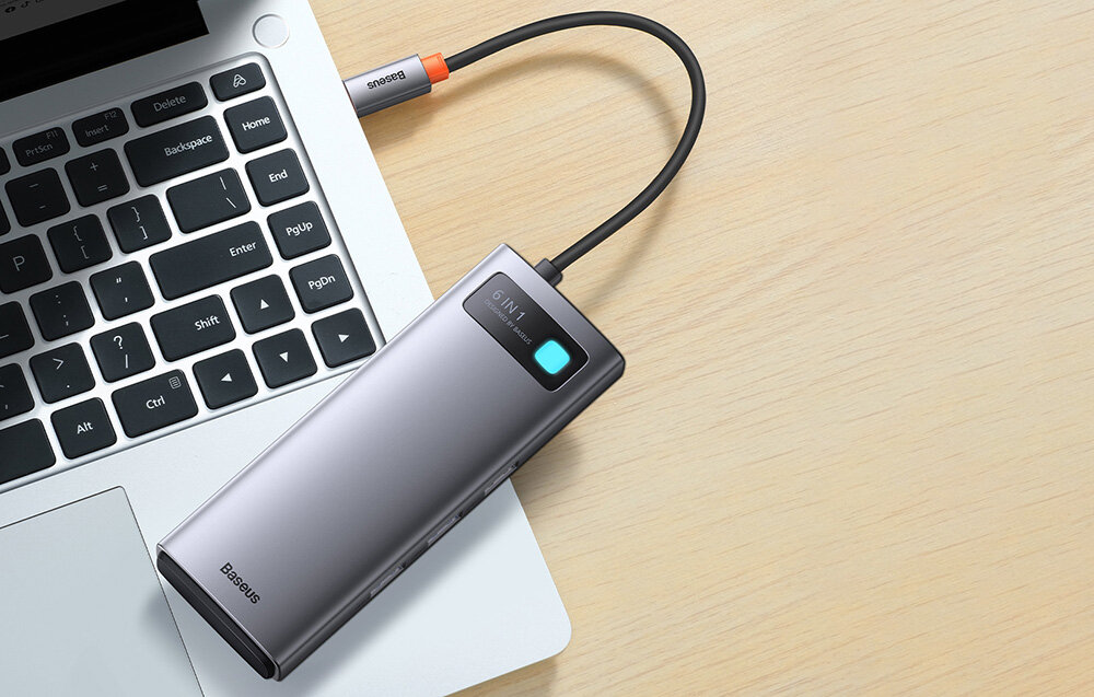 Hub BASEUS Metal Gleam 6w1 wymiary kompakt porty ładowanie prędkość szybkie ładowanie rozdzielczość 4k obraz