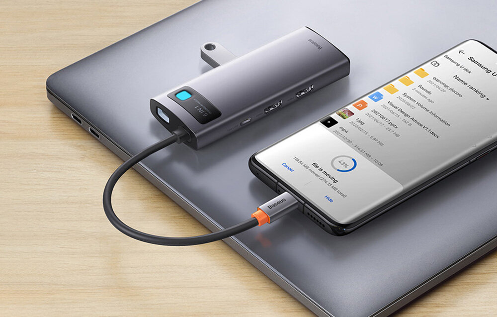 Hub BASEUS Metal Gleam 6w1 wymiary kompakt porty ładowanie prędkość szybkie ładowanie rozdzielczość 4k obraz