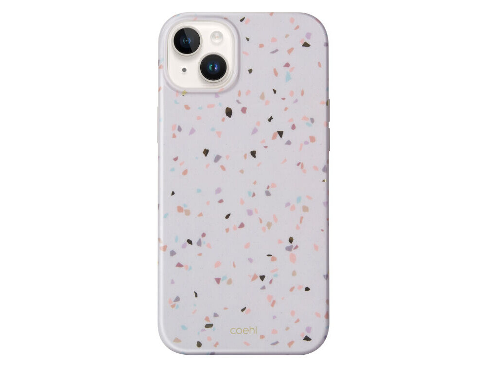 Etui na telefon z wzorem terrazzo w pastelowych kolorach, z widocznymi dwoma otworami na aparaty. Na dole znajduje się napis \'coehl\'.