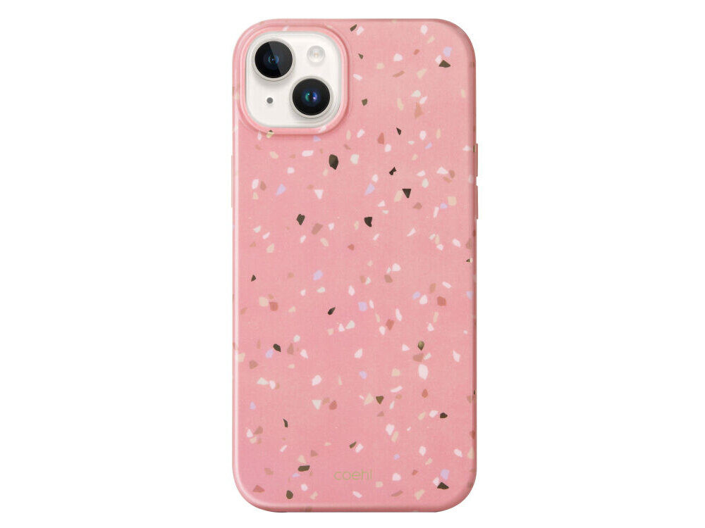 Różowe etui z wzorem terrazzo, przeznaczone do telefonu z dwoma aparatami. Na dole widoczny jest napis \'coehl\'.