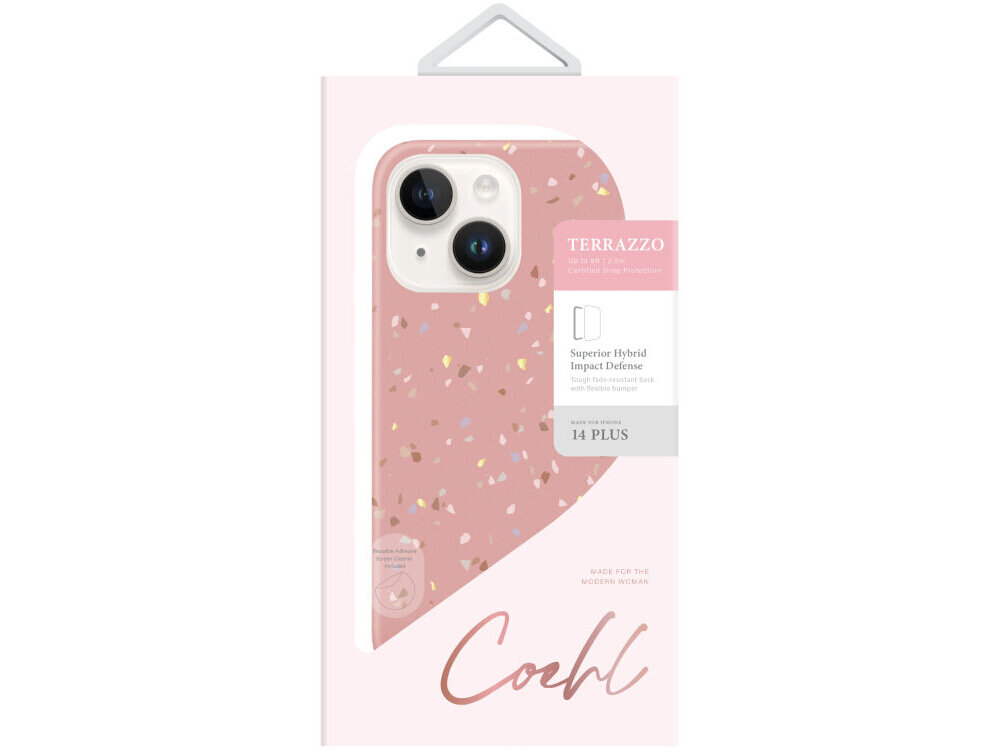 Opakowanie etui UNIQ Coehl Terrazzo do Apple iPhone 14 Plus w kolorze różowym z widocznym wzorem terrazzo. Na opakowaniu znajduje się tekst: \'Superior Hybrid Impact Defense\' oraz \'14 PLUS\'.