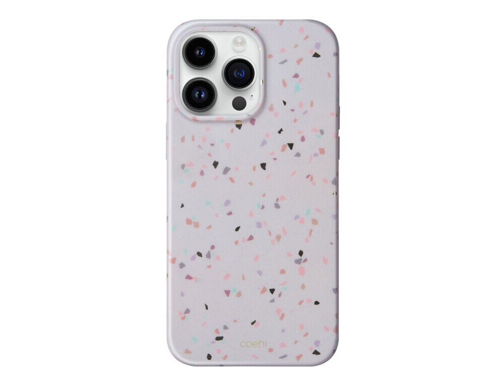 Etui na telefon z wzorem terrazzo w pastelowych kolorach, z wycięciem na aparat. Na dole widoczny jest napis \'coehl\'.