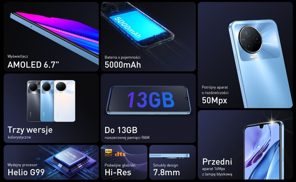 Smartfon INFINIX Note 12 2023 ekran bateria aparat procesor ram pamięć pojemność rozdzielczość zdjęcia filmy opis dane cechy blokady system łączność wifi bluetooth obudowa szkło odporność porty muzyka transfer sieć przekątna matryca waga czujniki