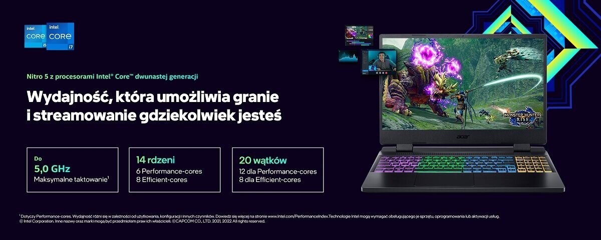 Laptop ACER Nitro 5 AN517 Graj w dowolnym miejscu dzięki procesorom Intel® Core™ dwunastej generacji