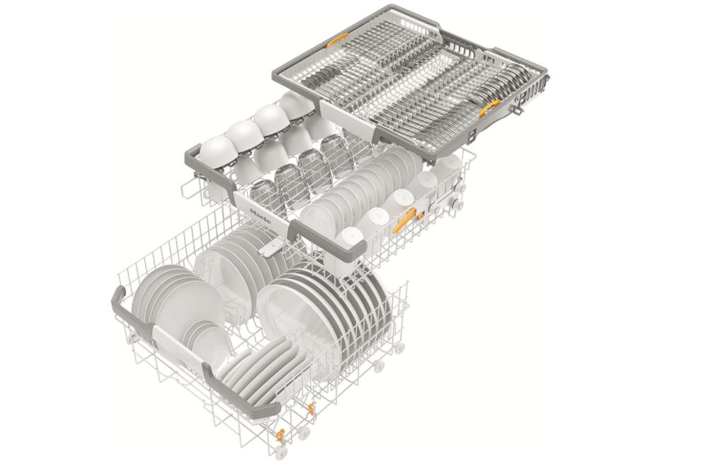 MIELE G 7280 SCVi aranżacja kosze comfort plus naczynia uchwyt półki filiżanki