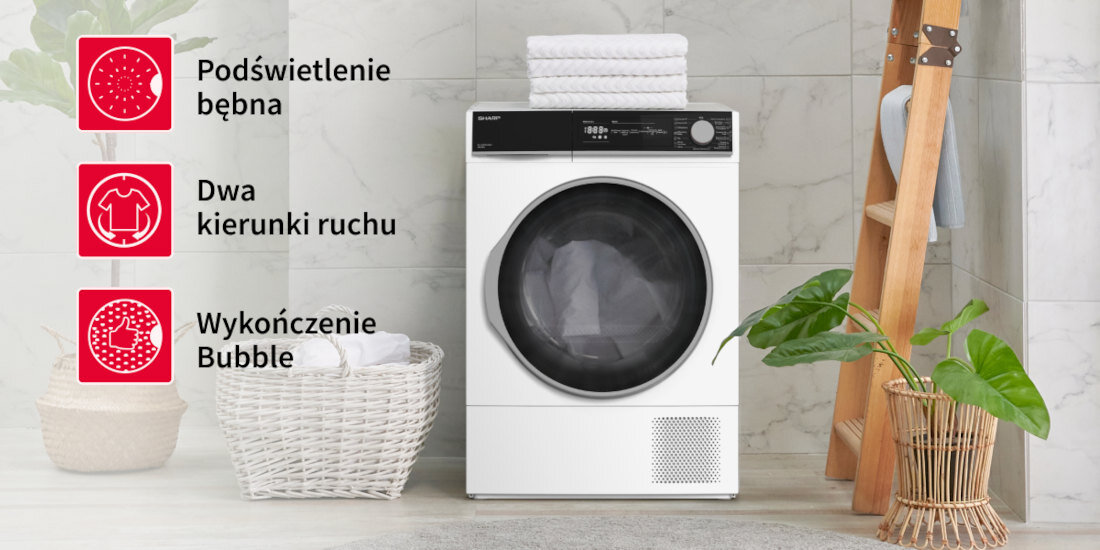 Suszarka SHARP KD-NHH8S7GW2-PL beben z podswietleniem beben BubbleDrum