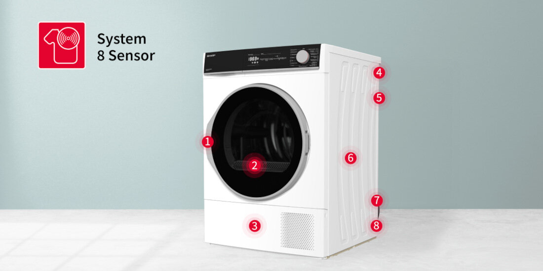 Suszarka SHARP KD-NHH7S8GW3-PL System 8 Sensor monitorowanie pracy silnika system kontroli czujniki bezpieczeństwo ochrona