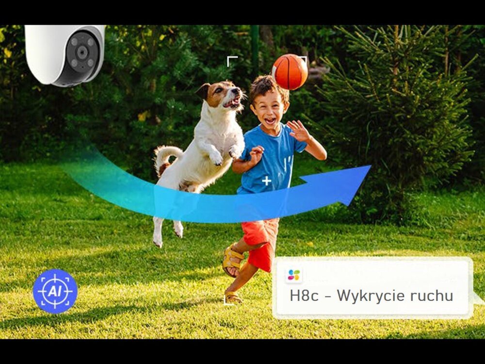 Kamera EZVIZ H8C - Wykrywanie i śledzenie ruchu, pies baiwący się z dzieckiem