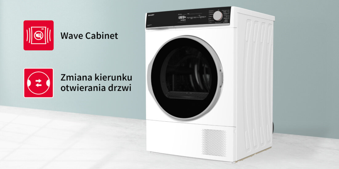 Suszarka SHARP KD-NHH8S8GW3-PL mozliwosc zmiany kierunku otwierania drzwi