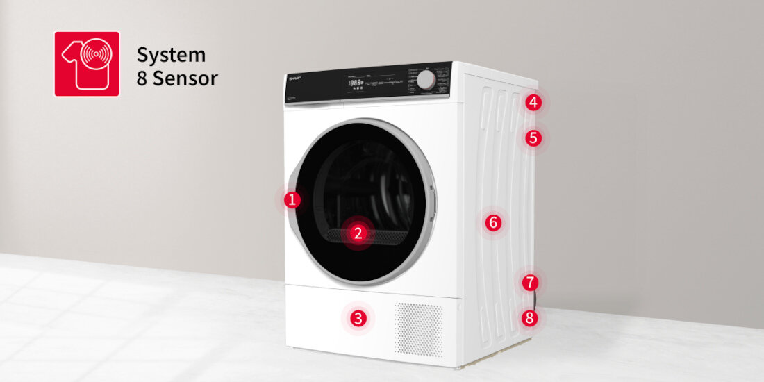 Suszarka SHARP KD-NHH9S8GW3-PL 8-czujnikowy system kontroli System 8 Sensor Czujnik poziomu wody