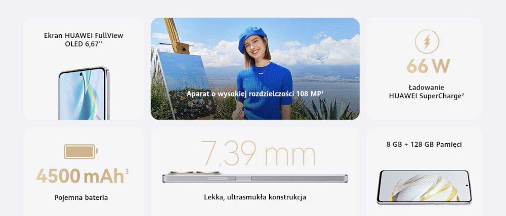 Smartfon HUAWEI Nova 10 Pro ekran bateria aparat procesor ram pamięć pojemność rozdzielczość zdjęcia filmy opis dane cechy blokady system łączność wifi bluetooth obudowa szkło odporność porty muzyka transfer sieć przekątna matryca waga czujniki