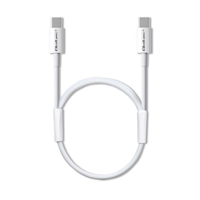 Biały kabel USB z dwoma złączami typu C, na obu końcach widoczne jest logo \'Qoltec\'.