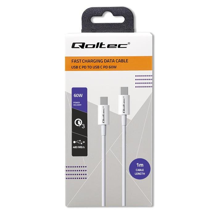 Opakowanie kabla USB marki Qoltec z napisem \'FAST CHARGING DATA CABLE USB C PD TO USB C PD 60W\'. Widoczne są dwa białe kable USB C oraz informacje: \'60W\', \'POWER DELIVERY\', \'QC 3.0\', \'480 MB/s\', \'1m CABLE LENGTH\'.