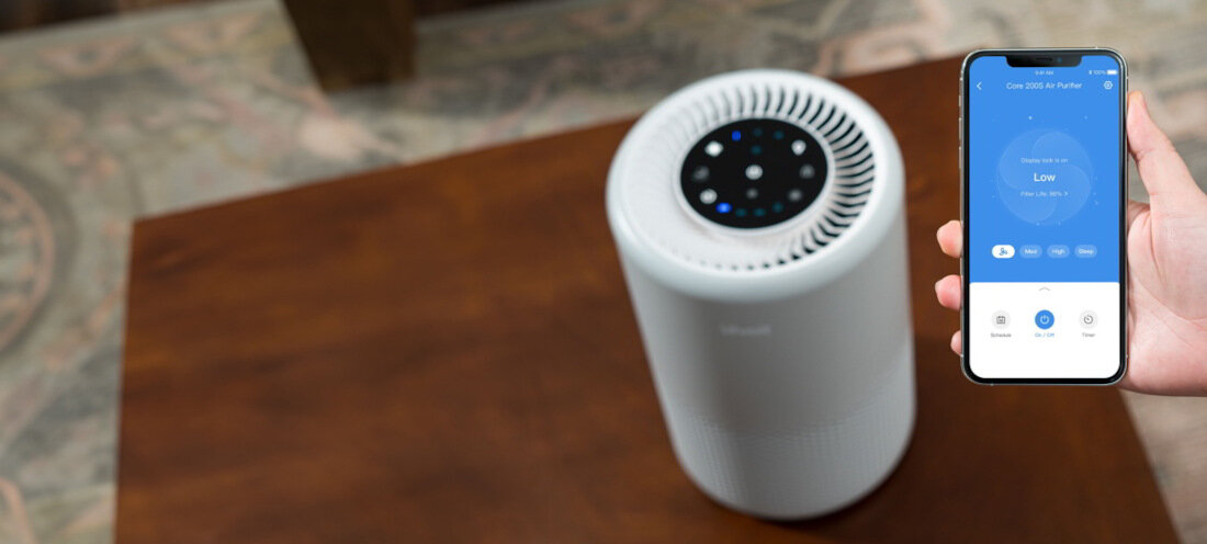 Oczyszczacz powietrza LEVOIT Core 200S Wygodne sterowanie zdalne dotykowy panel aplikacja mobilna VeSync komenda głosowa integracja asystent Google i Amazon Alexa możliwości