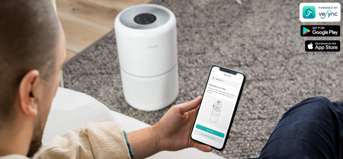 Oczyszczacz powietrza LEVOIT Core 300S Pełna kontrola z dowolnego miejsca sterowanie aplikacja VeSync obsługa głosowa przez Alexa i Google Assistant kontrola funkcjonalność ułatwienie