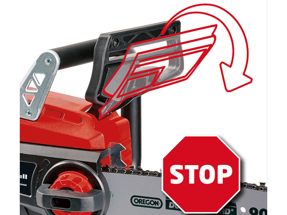 Piła akumulatorowa EINHELL GE-LC 18 Li 4.0 Ah ZS oslona przed odbiciem natychmiastowy hamulec lancucha sworzen chwytajacy lancuch bezpieczenstwo precyzyja