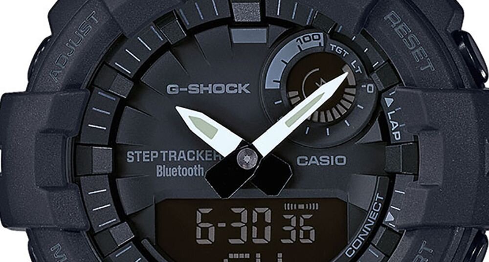 Zegarek sportowy CASIO G-SHOCK GBA-800 ekran bateria czujniki zdrowie sport pasek ładowanie pojemność rozdzielczość łączność sterowanie krew puls rozmowy smartfon aplikacja