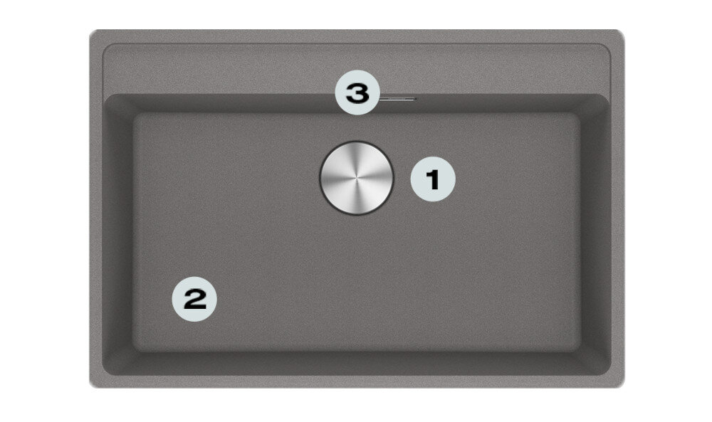 Zlewozmywak FRANKE Maris MRG 610-72 114.0661.770 Kamienny szary Postaw na komfort w kuchni zlewozmywak z góry z widocznymi numerami 1 na ociekaczu 2 na odpływie 3 na głębokiej komorze