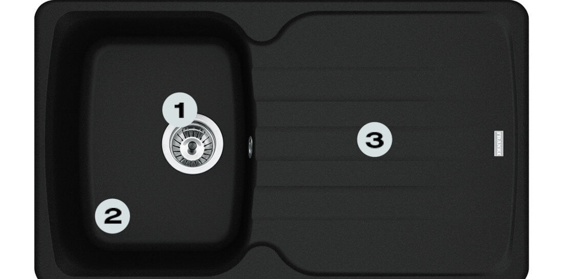 Zlewozmywak FRANKE Antea AZG 611-86 114.0676.247 Czarny matowy Postaw na komfort w kuchni  zlewozmywak z góry z widocznymi numerami 1 na ociekaczu 2 na odpływie 3 na głębokiej komorze