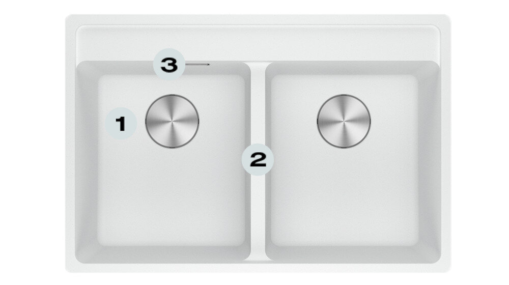 Zlewozmywak FRANKE Maris MRG 620-35-35 114.0661.785 Biały polarny Postaw na komfort w kuchni zlewozmywak z góry z widocznymi numerami 1 na ociekaczu 2 na odpływie 3 na głębokiej komorze