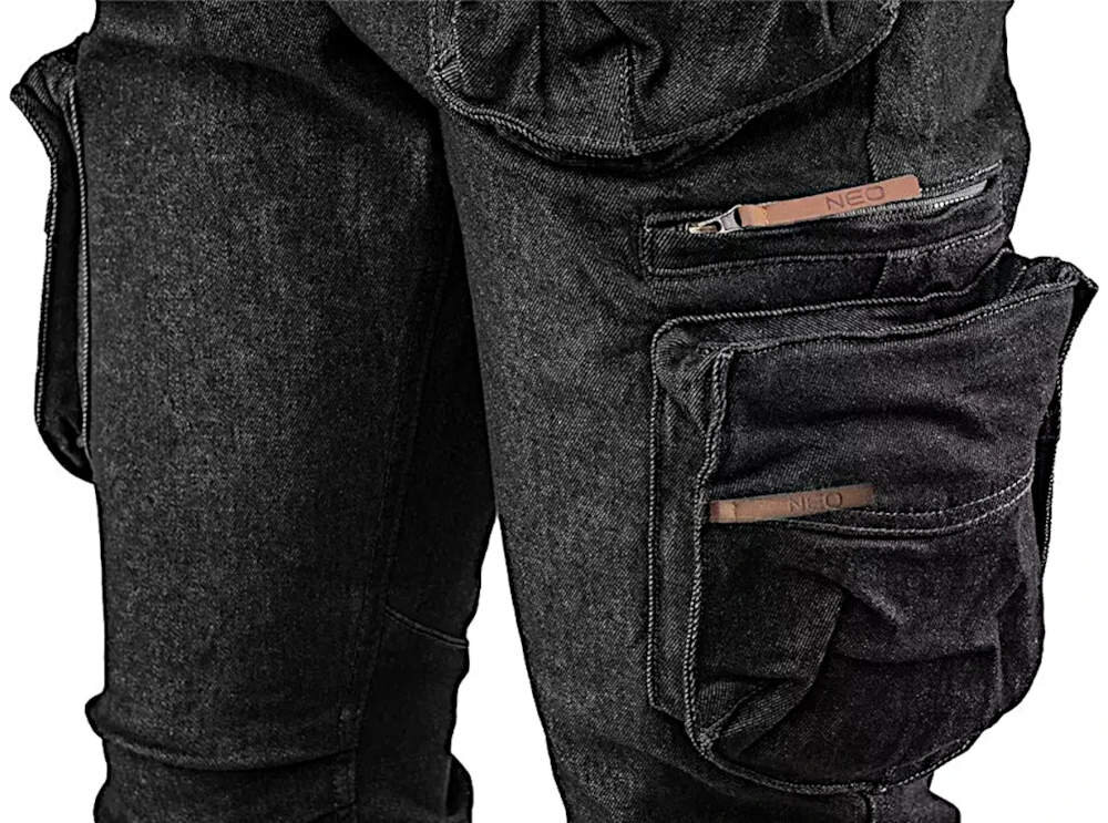 Spodnie robocze NEO Denim 81-233-L (rozmiar L) Praktyczne i pojemne kieszenie pięć wielofunkcyjnych kieszeni kieszeń na dole nogawki wygodne przechowywanie akcesoria