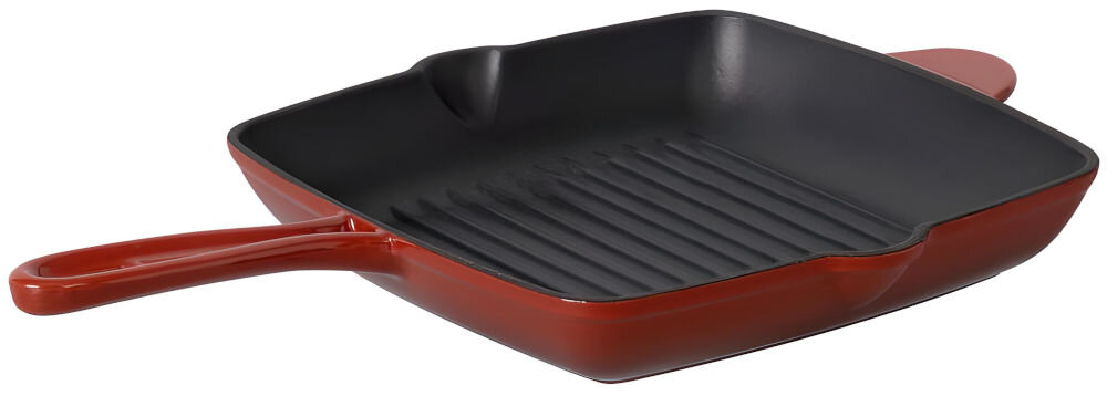 Patelnia MG HOME Infinito 26 cm patelnia leży bokiem ciemny środek czerwona na zewnątrz wyżłobienia białe tło grube ścianki solidne dno równomierne nagrzewanie jakość smażenia i pieczenia potraw efektywnie rozprowadzane ciepło utrzymuje się przez długi czas precyzyjne gotowanie posiłki ciepłe po zakończeniu smażenia serwowanie dań na gorąco 