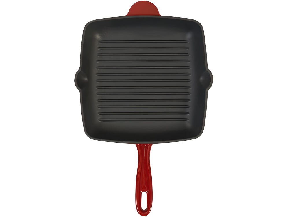 Patelnia MG HOME Infinito 26 cm zbliżenie na patelnię wyżłobienia ciemny środek czerwona na zewnątrz białe tło do wszystkich typów kuchenek indukcyjne gazowe elektryczne specjalny stop żeliwa pokryty warstwą emalii pełne bezpieczeństwo nie wydziela szkodliwych substancji przyjemność gotowania 