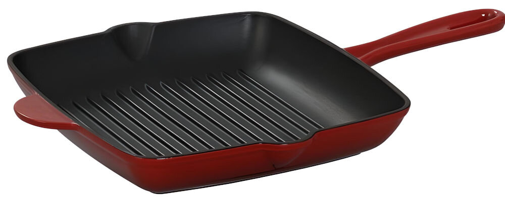 Patelnia MG HOME Infinito 26 cm patelnia leży bokiem ciemny środek wyżłobienia czerwona na zewnątrz rączka wyżłobienia białe tło eleganckie wzornictwo współczesne tradycyjne wnętrza kuchenne elegancki wygląd funkcjonalny element wyposażenia stylowy dodatek ergonomiczne wyżłobienia wygodne nakładanie potraw solidna konstrukcja praktyczne naczynie estetyka funkcjonalność klasa elegancja 