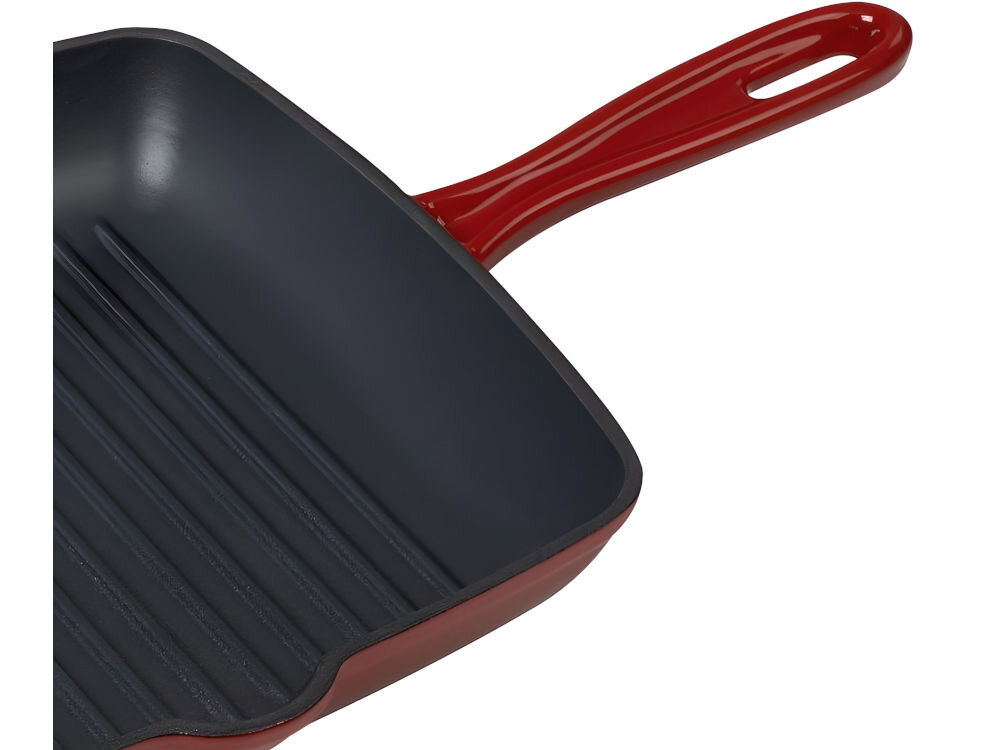 Patelnia MG HOME Infinito 26 cm patelnia ciemny środek czerwona na zewnątrz rączka białe tło przestrzeganie zasad pielęgnacji po użyciu poczekać aż stygnie oczyszczenie  z resztek jedzenia uporczywe zabrudzenia namoczenie w ciepłej wodzie  z detergentem przez 15-20 minut nie wolno stosować środków żrących ani szorstkich gąbek dokładne osuszenie przechowywanie w suchym miejscu przedłużenie trwałości  