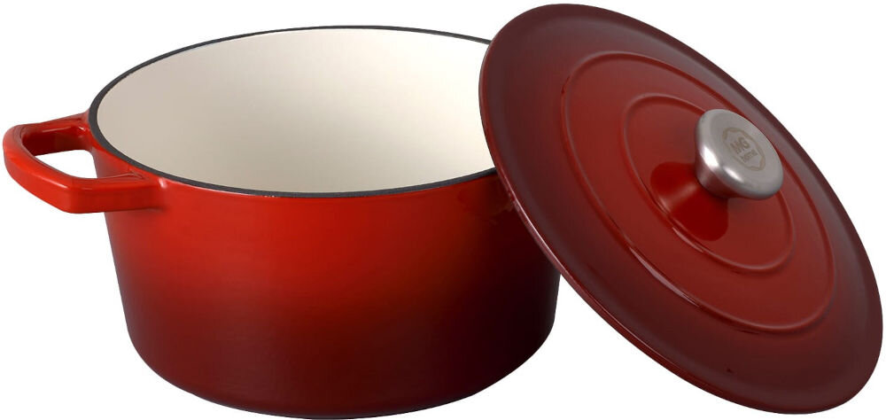 Garnek MG HOME Infinito 22 cm czerwony garnek biały środek otwarty oparta na garnku czerwona pokrywka białe tło kumuluje ciepło równomierne rozprowadzanie stabilne ogrzewanie potraw soczyste aromatyczne mięso powolne uwalnianie ciepła optymalne efekty kulinarne grube ściany solidne dno utrzymanie optymalnej temperatury do duszenia pieczenia długiego gotowania dobry smak i aromat potraw  