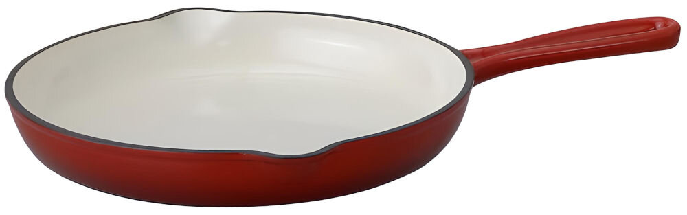 Patelnia MG HOME Infinito 25 cm patelnia leży bokiem biały środek czerwona na zewnątrz wyżłobienia białe tło grube ścianki solidne dno równomierne nagrzewanie jakość smażenia i pieczenia potraw efektywnie rozprowadzane ciepło utrzymuje się przez długi czas precyzyjne gotowanie posiłki ciepłe po zakończeniu smażenia serwowanie dań na gorąco