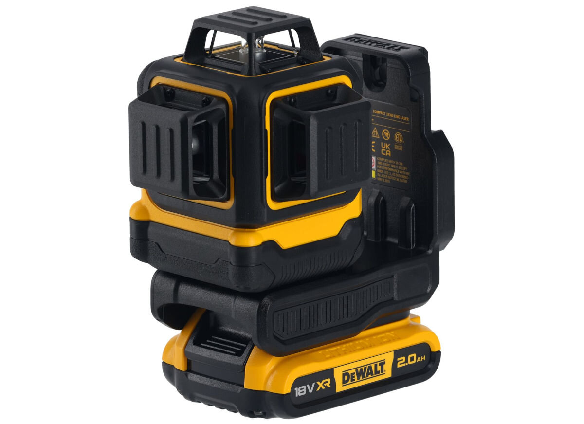 Laser krzyżowy DEWALT DCLE34031D1-QW, stabilizuje, oczekiwanie, 5 sekund, last mode, na białym tle tył laser frontem prawo skos