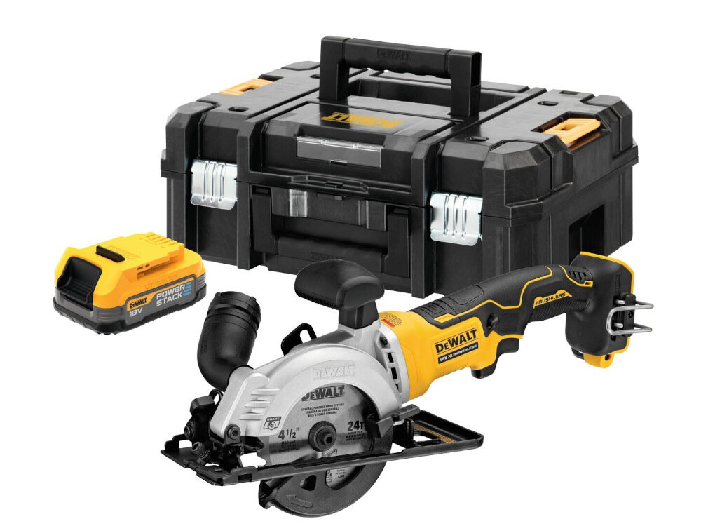 Pilarka tarczowa DEWALT DCS571E1T-XJ w zestawie akumulator ładowarka walizka tarcza zaczep do paska adapter do odkurzacza instrukcja obsługi w języku polskim karta gwarancyjna