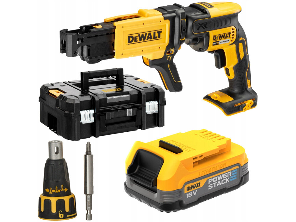 Wkrętarka DEWALT DCF620E1K w zestawie akumulator łądowarka zaczep do paska walizka magazynek na taśmy instrukcja obsługi w języku polskim karta gwarancyjna