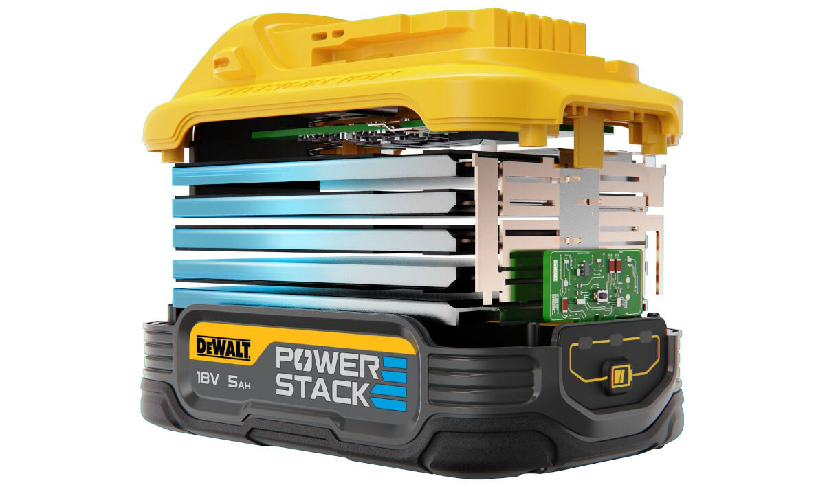 Akumulator DEWALT DCBP518 5Ah 18V, wymiary, waga, pojemność, ładowanie, na białym tle wizualizacja budowy wewnętrzej akumulatora
