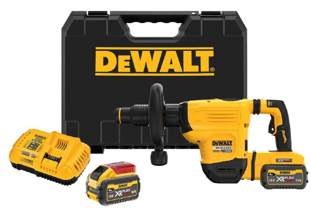 Młot wyburzeniowy DEWALT DCH832X2-QW zestaw dwa akumulatory ładowarka rękojeść dodatkowa walizak dokumentacja