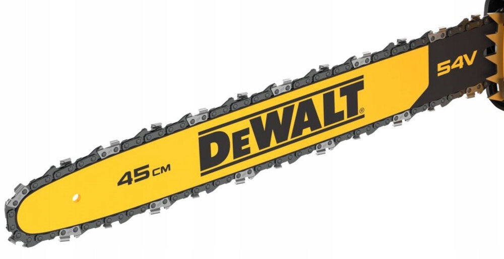 Piła akumulatorowa DEWALT DCMCS574X1 do typowych prac wycinkowych do niezwykle precyzyjnych zadań specjalnych prowadnica o dłogości 45 cm łańcuch automatyczny hamulec uruchamia się w czasie do 1 sekundy większe bezpieczeństwo