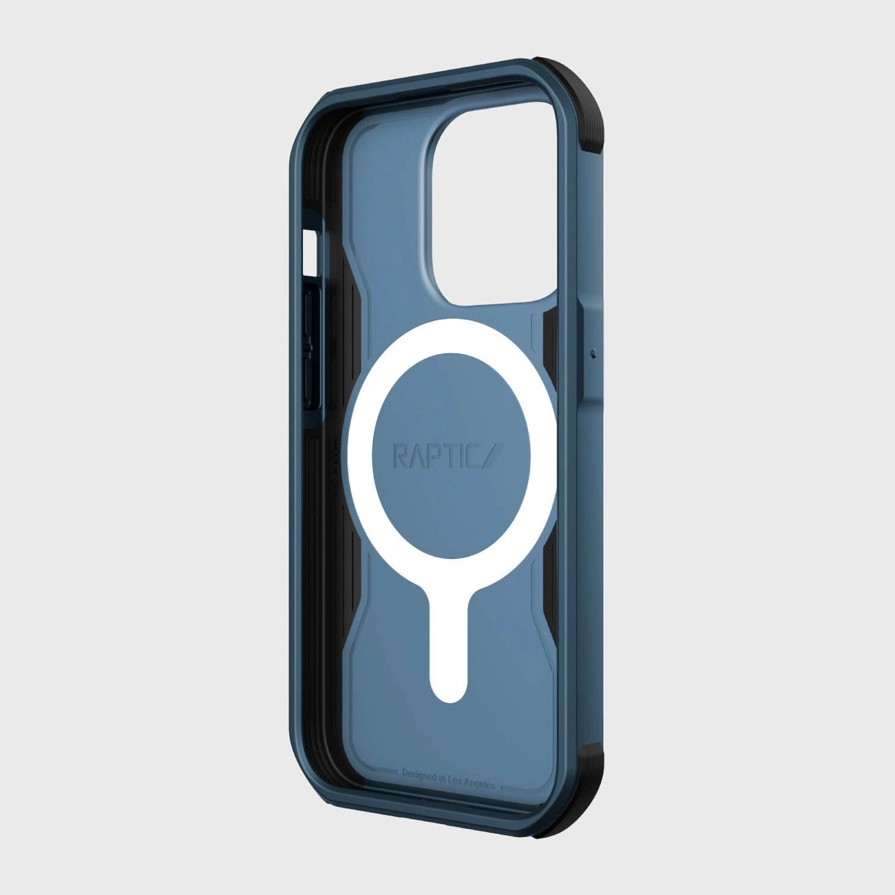 Niebieskie etui na iPhone 14 Pro z funkcją MagSafe, z widocznym logo \'RAPTIC\' na środku. Etui ma pancerną konstrukcję z czarnymi akcentami na krawędziach.