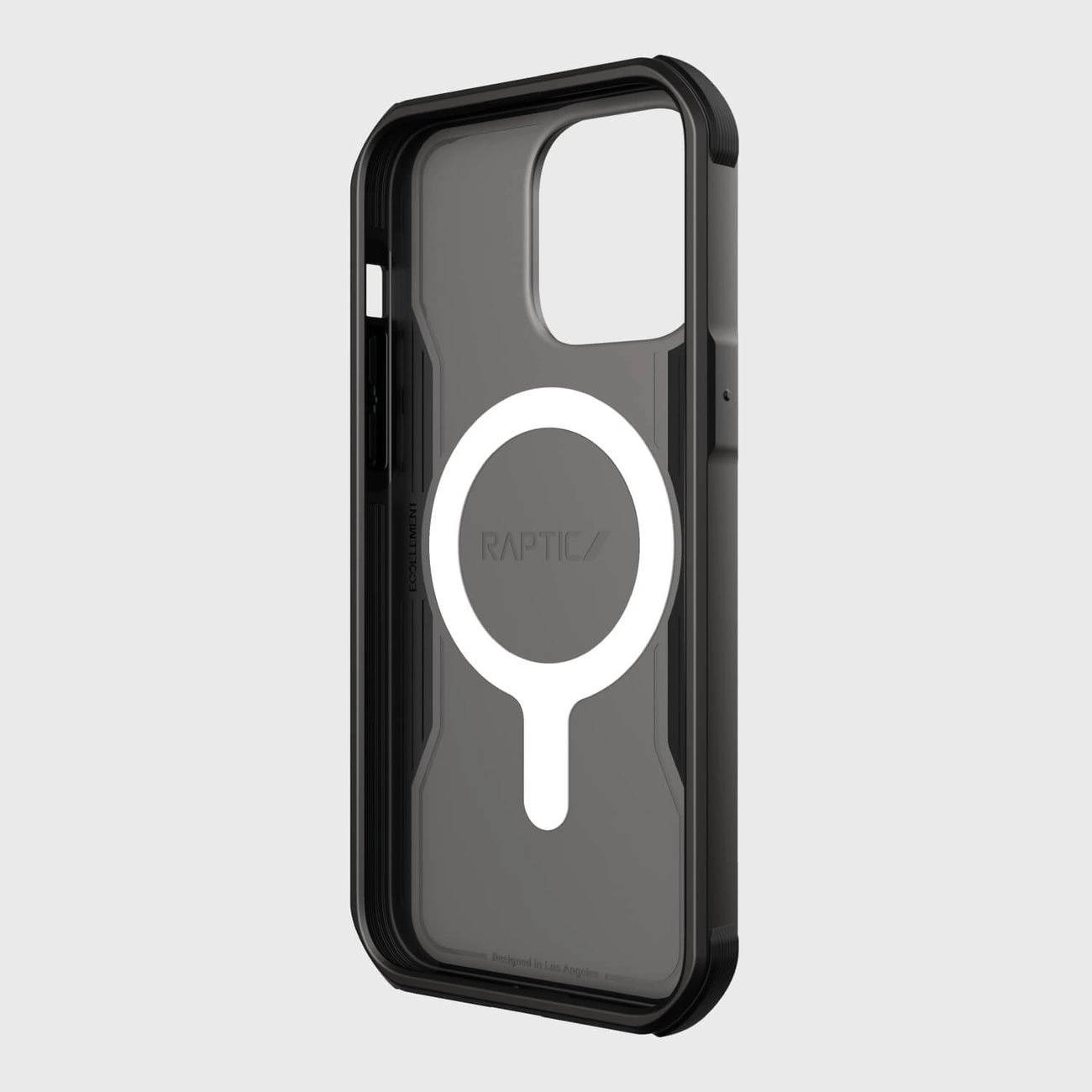 Czarne etui na telefon z przezroczystym tyłem i białym okręgiem na środku, z napisem \'RAPTIC\'.